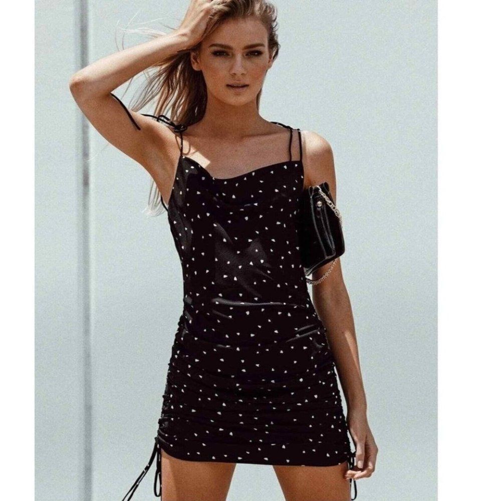 Lioness Dress Black White Hearts String Along Mini Adjustable Dress Size X-Small